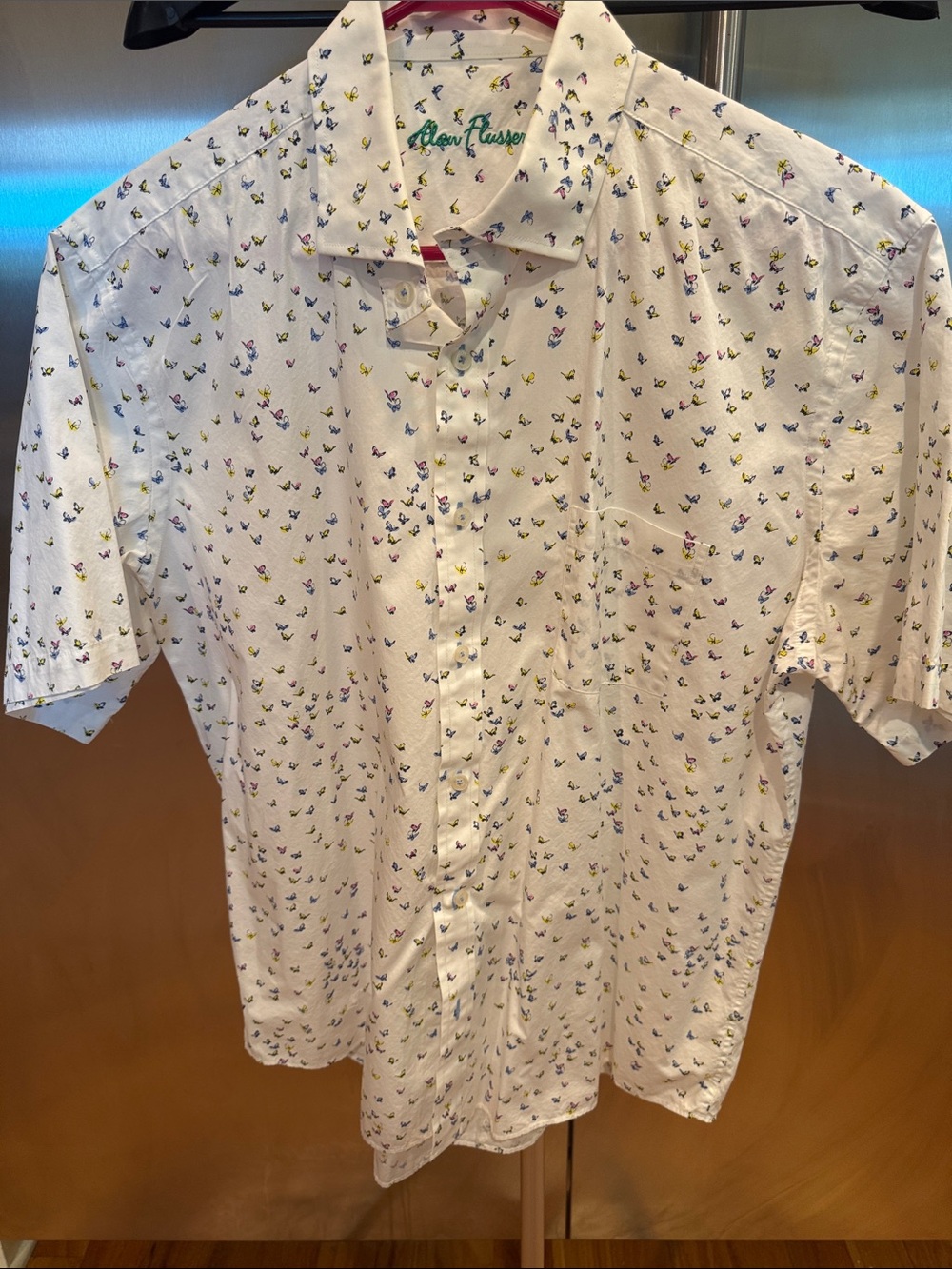 Alan Flusser White Short-Sleeve Shirt with Multicolor Micro Butterflies